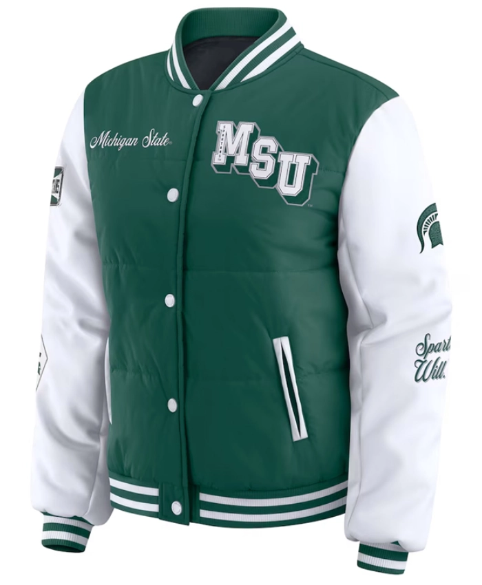 Michigan State Full Snap Green And White Varsity Puffer Jacket