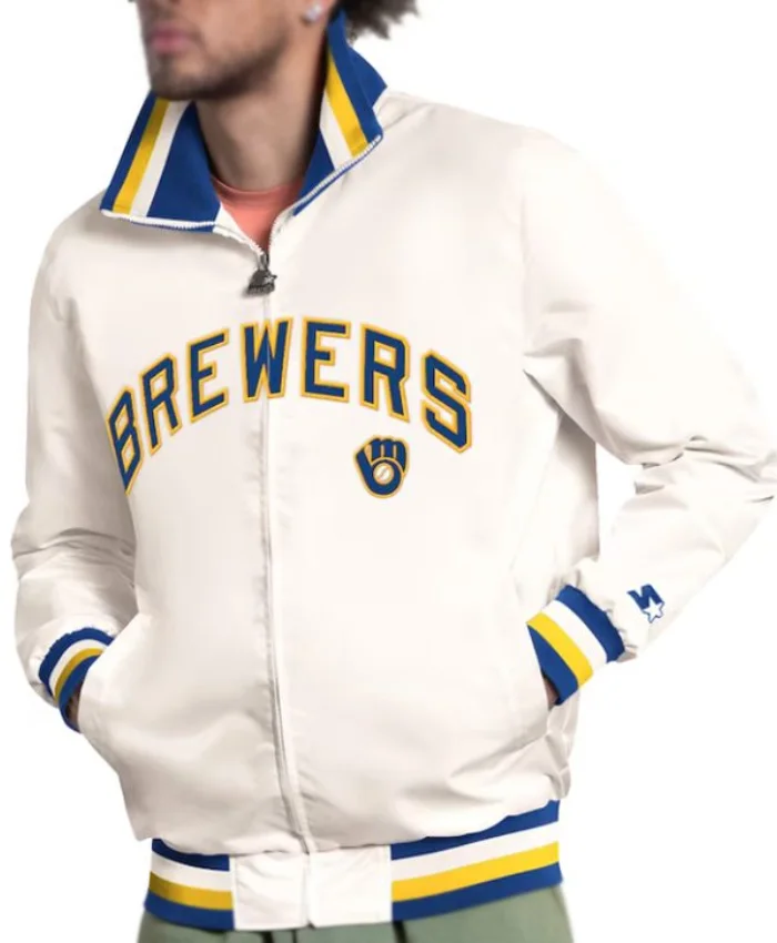 Milwaukee Brewers The Captain Full Zip Varsity White Satin Jacket