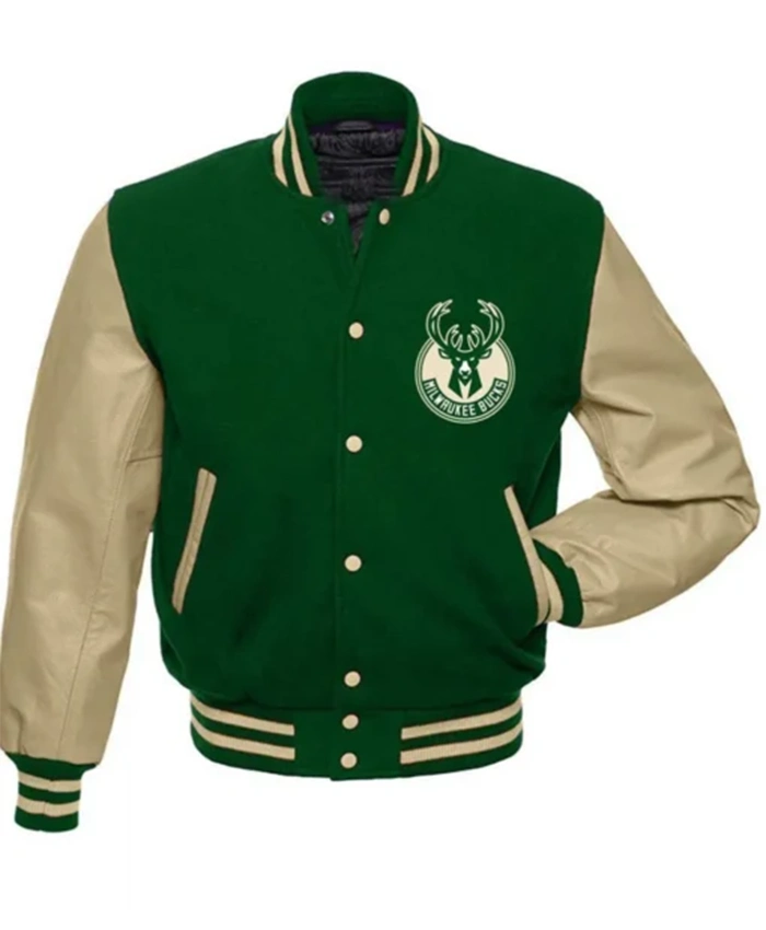 Milwaukee Bucks Beige And Green Letterman Varsity Jacket