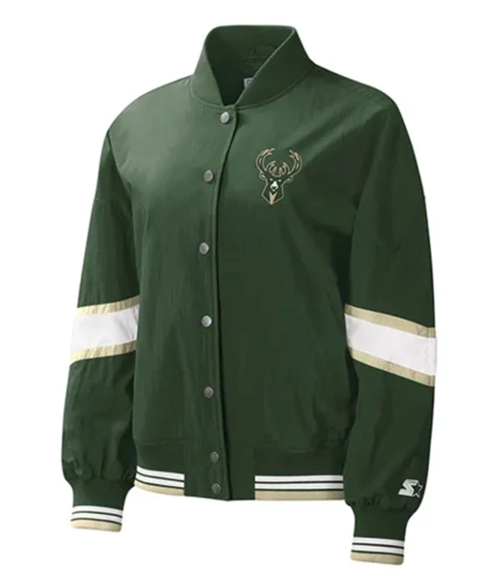 Milwaukee Bucks Crinkle Pinnacle Green Varsity Jacket