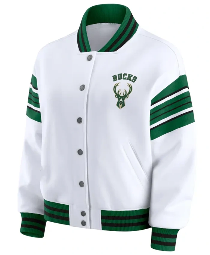 Milwaukee Bucks Full Snap White Fleece Varisty Jacket