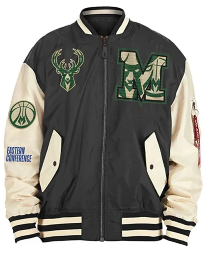 Milwaukee Bucks New Era Black And Beige Bomber Jacket