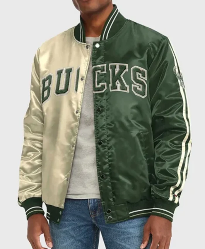 Milwaukee Bucks Off White And Green Varsity Jacket