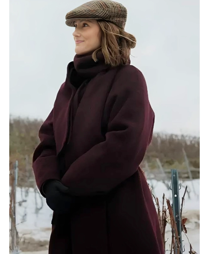 Minka Kelly Movie Champagne Problems 2025 Sydney Price Burgundy Wool Trench Coat