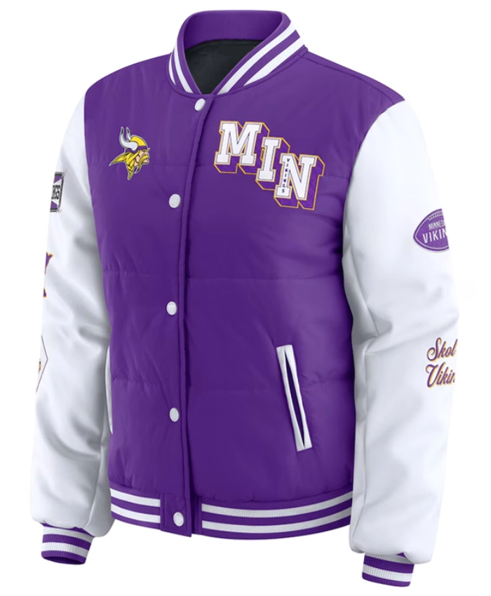 Minnesota Vikings Full Snap Purple And White Varsity Puffer Jacket