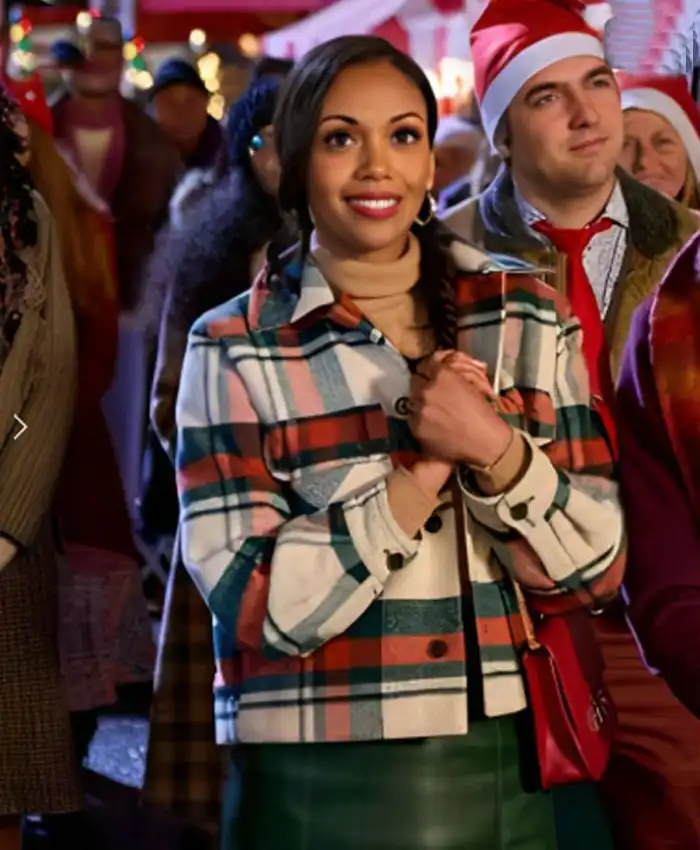 Mishael Morgan Movie Christmas With A Kiss 2023 Mona Plaid Coat