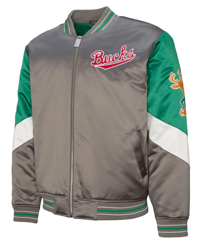 Mitchell And Ness Milwaukee Bucks Gray Throw It Back Full Zip Satin Jacket