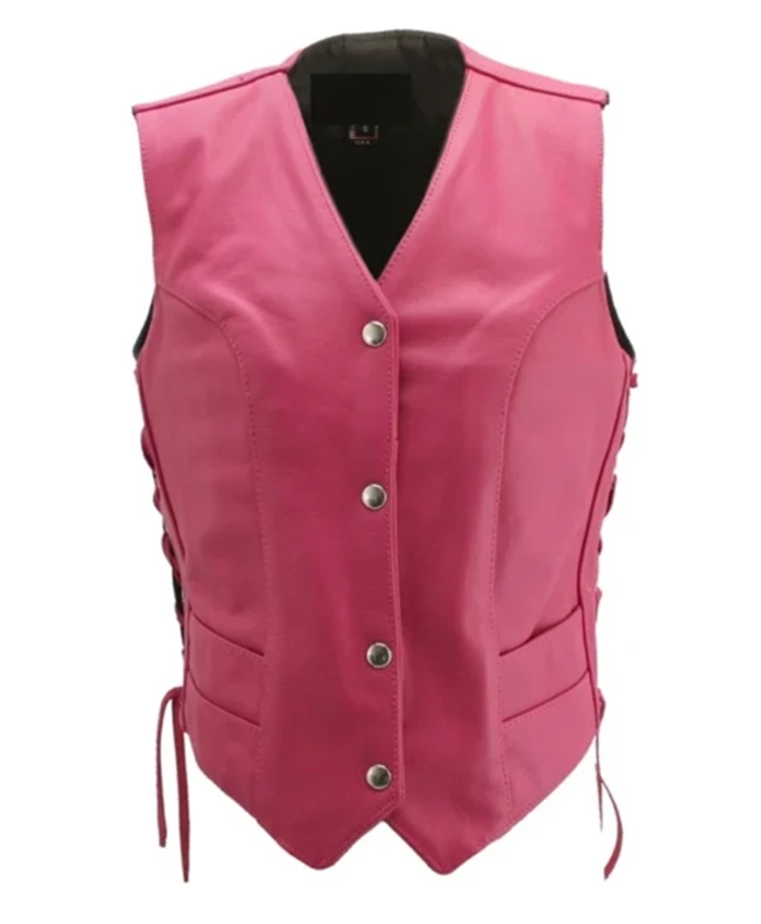 Motorcycle Hot Pink Side Laces Leather Biker Vest