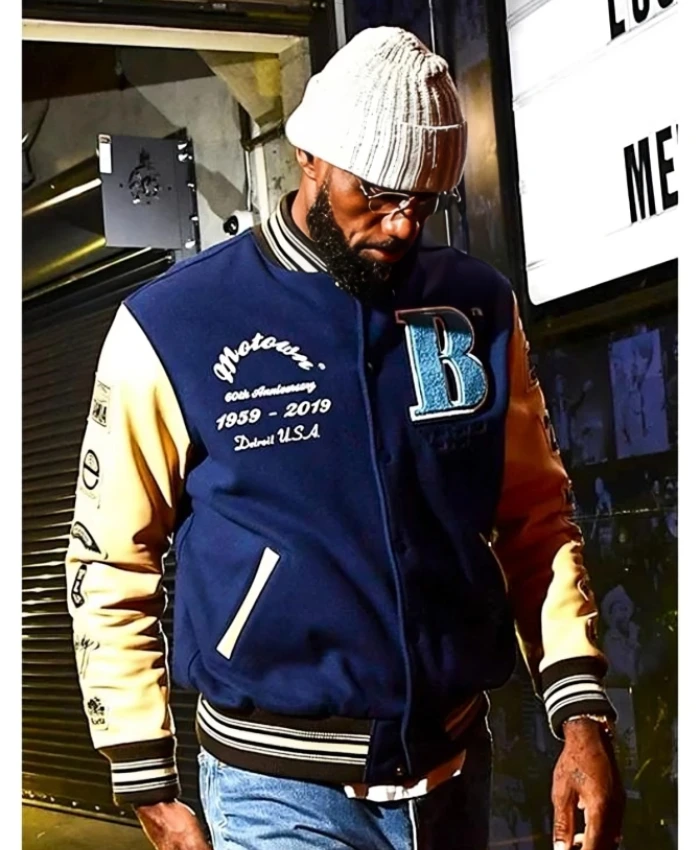 Motown Records LeBron James Blue And Beige Wool Varsity Jacket For Unisex