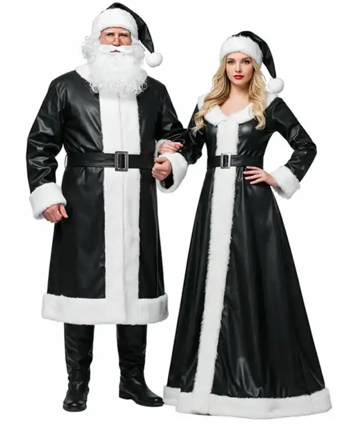 Mr. And Mrs Santa Claus Couple Shearling Black Leather Costume For Christmas
