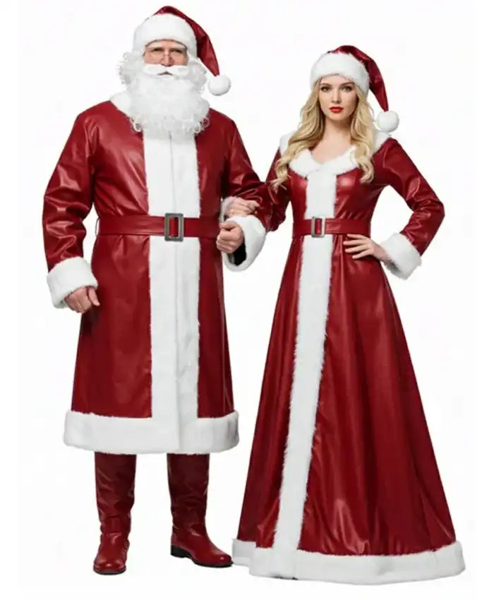 Mr. And Mrs Santa Claus Couple Shearling Red Leather Costume For Christmas