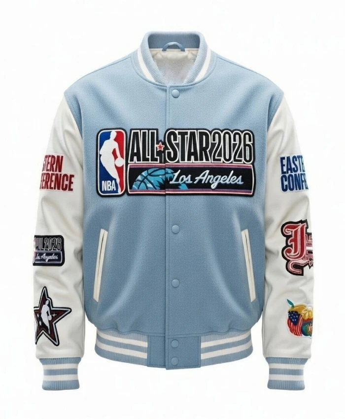 NBA All Star 2026 Los Angeles Wool And Leather Light Blue Varsity Jacket
