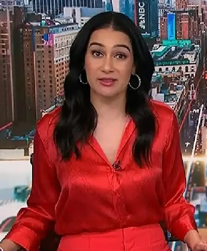 NBC News Daily 2025 Morgan Radford Red Silk Shirt
