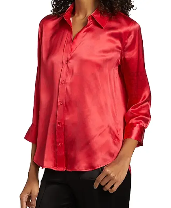 NBC News Daily 2025 Morgan Radford Silk Red Shirt