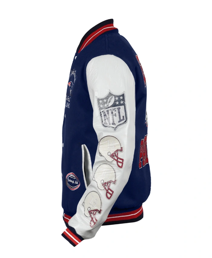 NE Patriots Blue And White Letterman Varsity Jacket For Men And Women