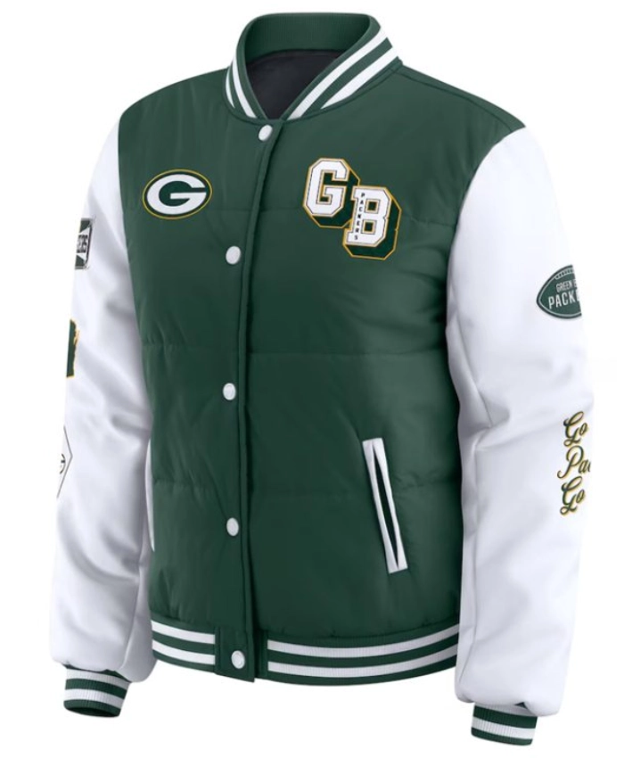 NFL Green Bay Packers Puffer Full Snap Green And White Varsity Jacket