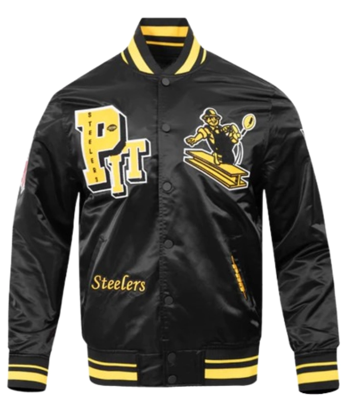 NFL Pittsburgh Steelers Rib Black Satin Varsity Jacket