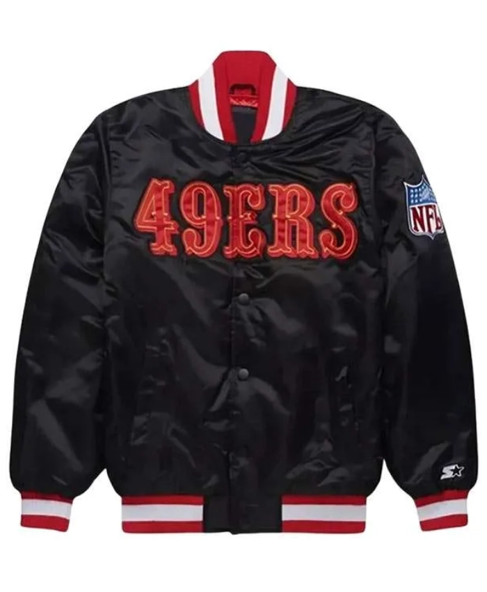 NFL San Francisco 49ers Black Satin Varsity Bomber Jacket