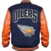 NHL Edmonton Oilers Snap Tab Wool And Leather Varsity Jacket