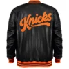 NY Knicks Black And Orange Leather Varsity Jacket