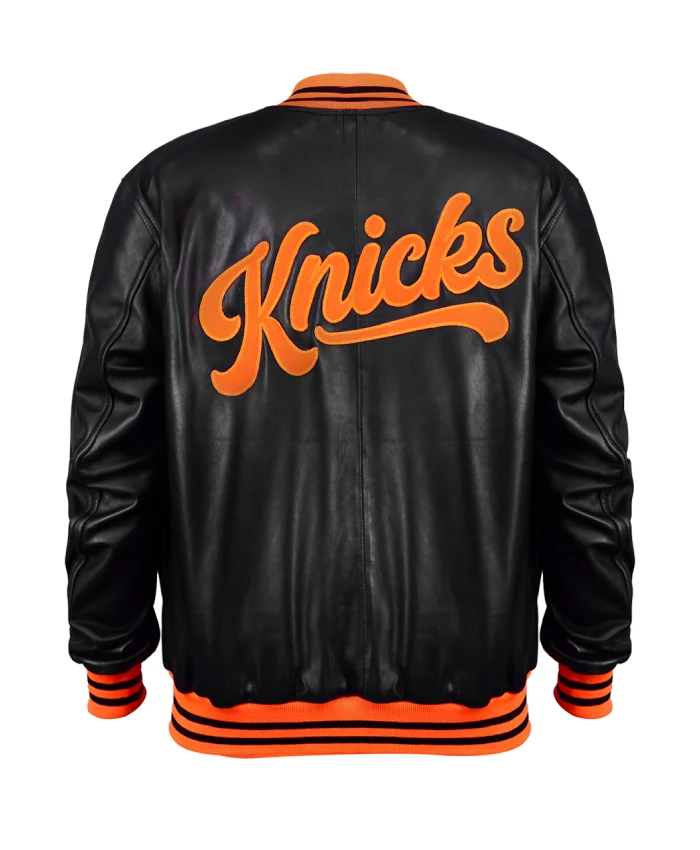 NY Knicks Black And Orange Leather Varsity Jacket