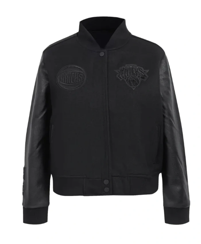 NY Knicks Triple Varsity Wool Leather Jacket In Black