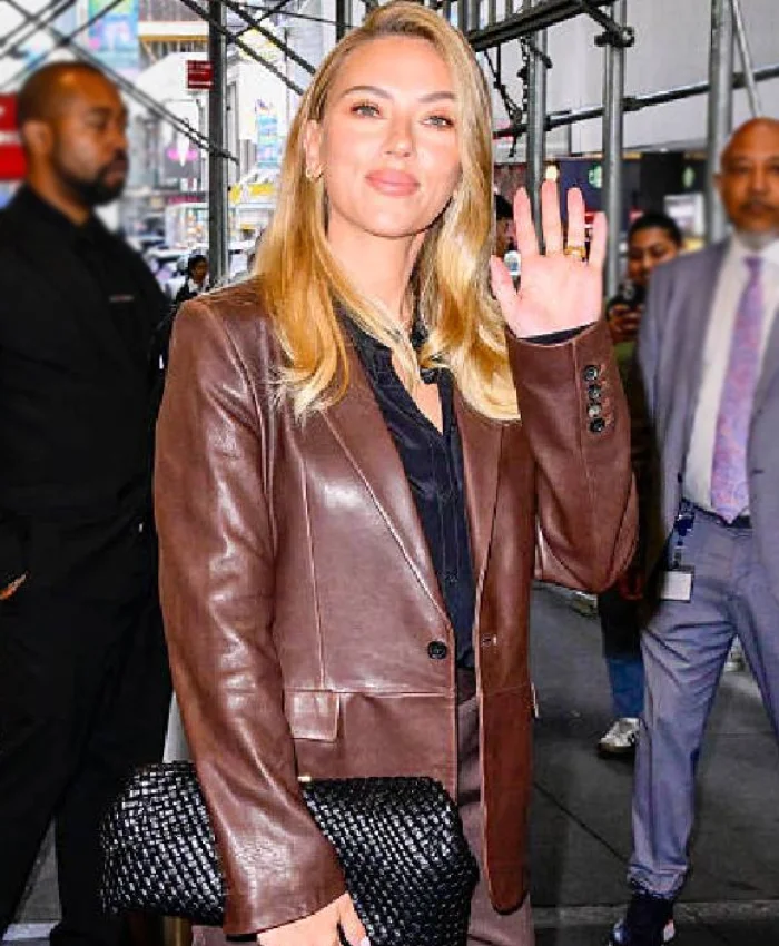 NYC 2025 Eleanor The Great Movie Scarlett Johansson Brown Leather Blazer