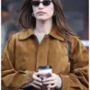 NYC 2025 Hailey Bieber Suede Bomber Jacket