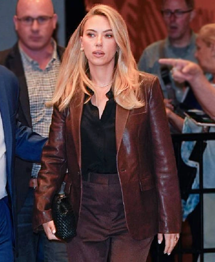 NYC Eleanor The Great Movie Event Scarlett Johansson Brown Leather Blazer