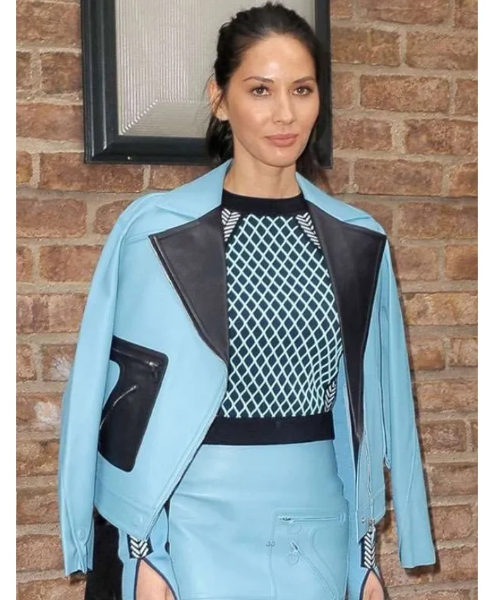 NYC Olivia Munn Blue Leather Jacket - Image 3