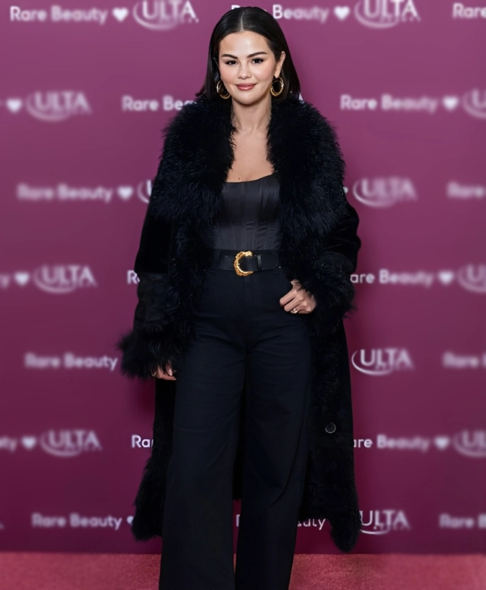 NYC Rare Beauty Event 2026 Selena Gomez Black Fur Coat