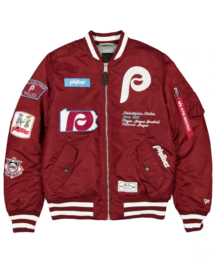 New Era X Alpha Industries Philadelphia Phillies Maroon Full Zip Bomber Jacket