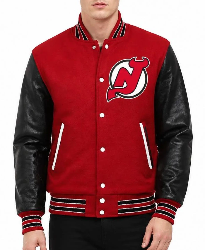 New Jersey Devils Red and Black Varsity Jacket Mens