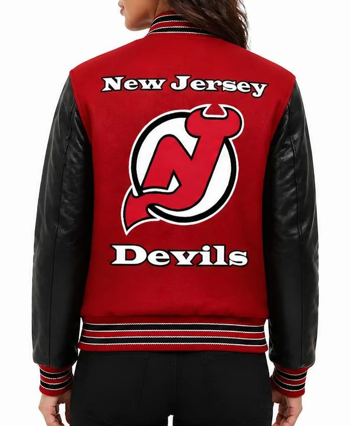 New Jersey Devils Red and Black Varsity Jacket Women
