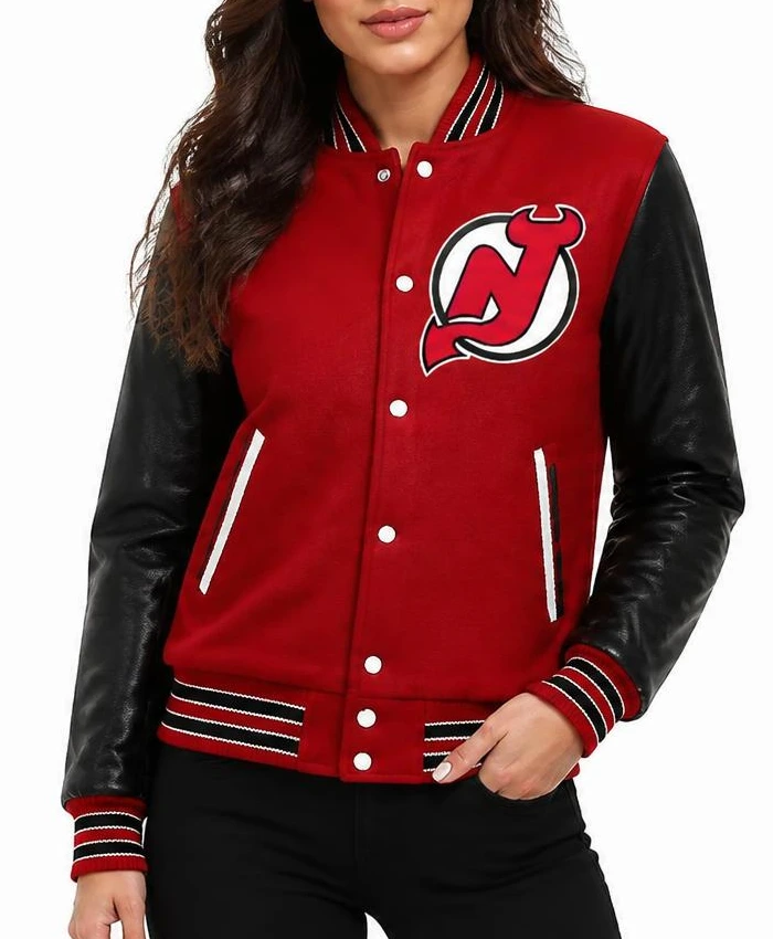 New Jersey Devils Red and Black Varsity Jacket Womens