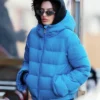 New York City 2025 Emily Ratajkowski Blue Puffer Hooded Jacket
