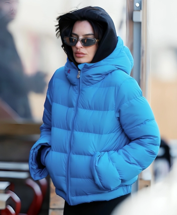 New York City 2025 Emily Ratajkowski Blue Puffer Hooded Jacket