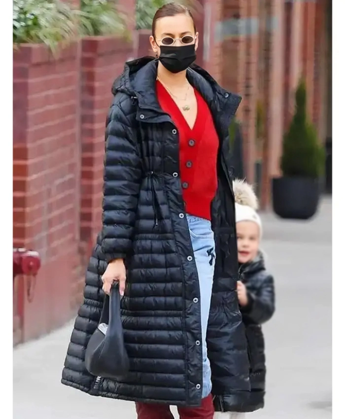 New York City 2025 Irina Shayk Black Puffer Hooded Coat