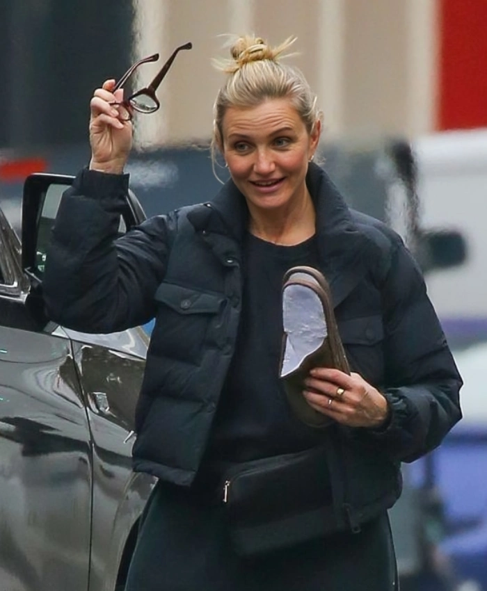 Cameron Diaz NYC 2026 Black Puffer Jacket