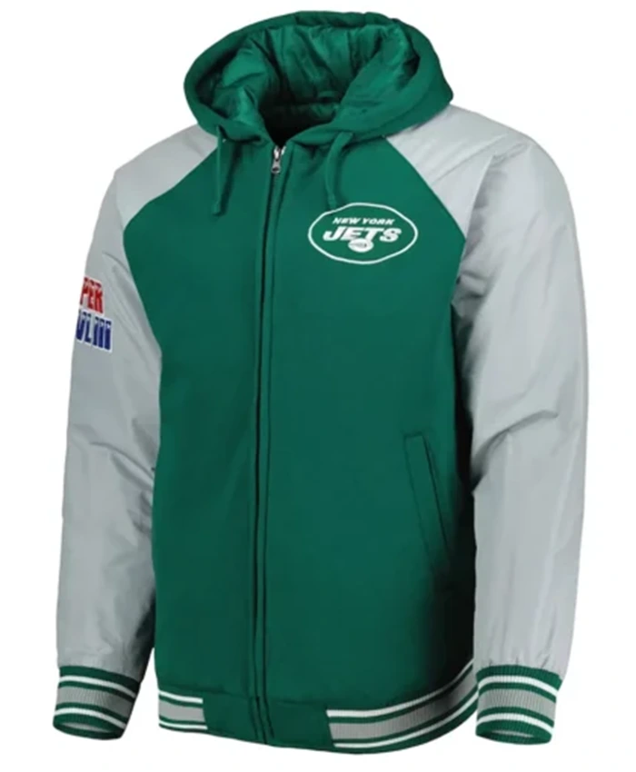 New York Jets Green And Grey Hooded Bomber Jacket
