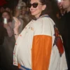 New York Knicks Anne Hathaway White And Orange Varsity Jacket For Unisex