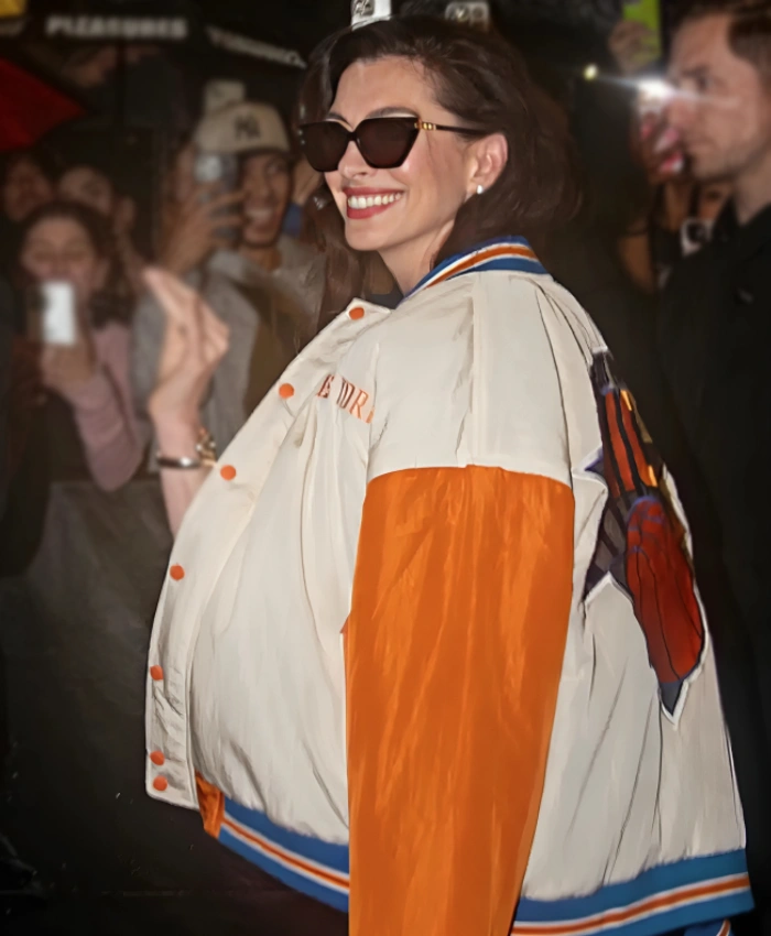 New York Knicks Anne Hathaway White And Orange Varsity Jacket For Unisex