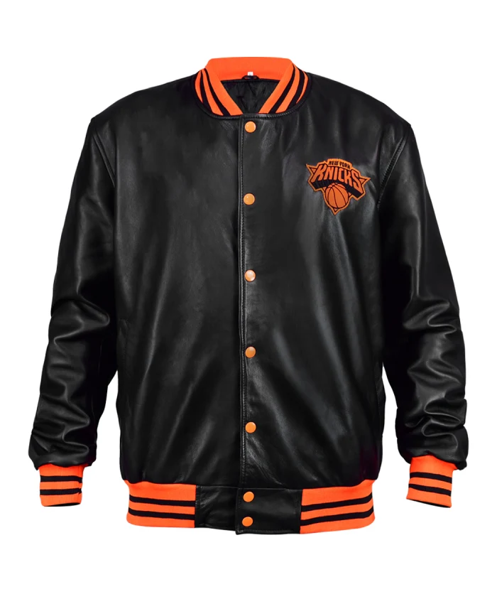 New York Knicks Black And Orange Leather Letterman Jacket