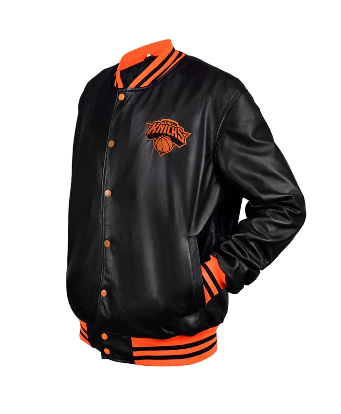 New York Knicks Black And Orange Leather Varsity Jacket For Sale
