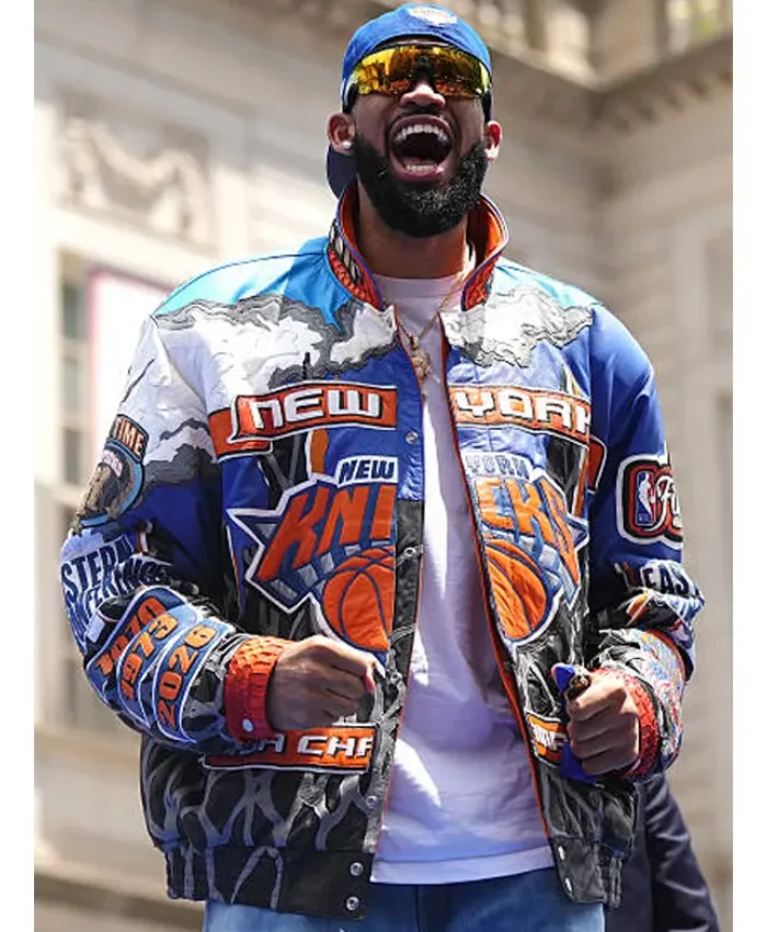 New York Knicks Championship Parade and Ceremony 2026 Karl Anthony Towns Knicks Leather Jacket Sale