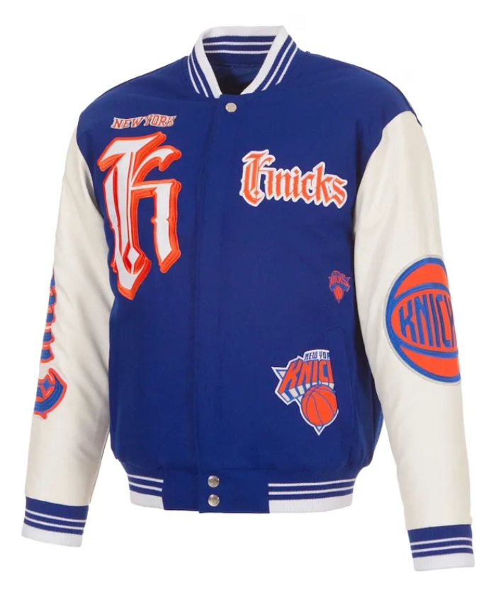 New York Knicks Gothic Wool And Leather Blue And White Varsity Jacket