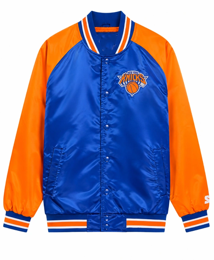 New York Knicks Starter Inductee Blue and Orange Full Snap Raglan Varsity Jacket