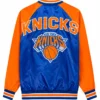 New York Knicks Starter Inductee Satin Blue and Orange Full Snap Raglan Varsity Jacket
