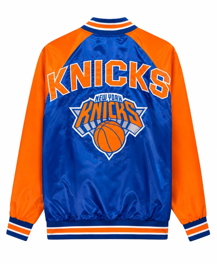 New York Knicks Starter Inductee Satin Blue and Orange Full Snap Raglan Varsity Jacket