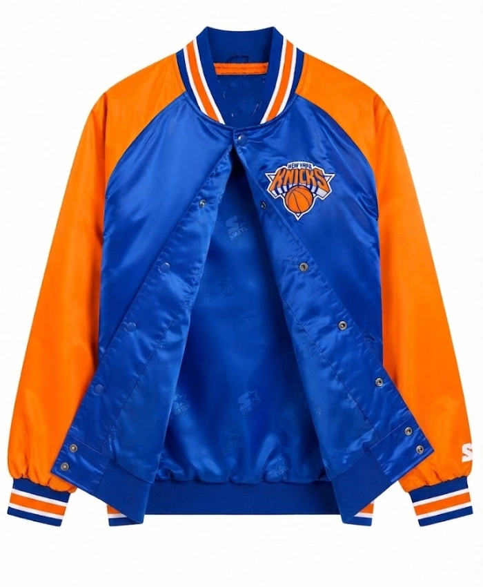 New York Knicks Starter Inductee Satin Blue and Orange Raglan Varsity Jacket
